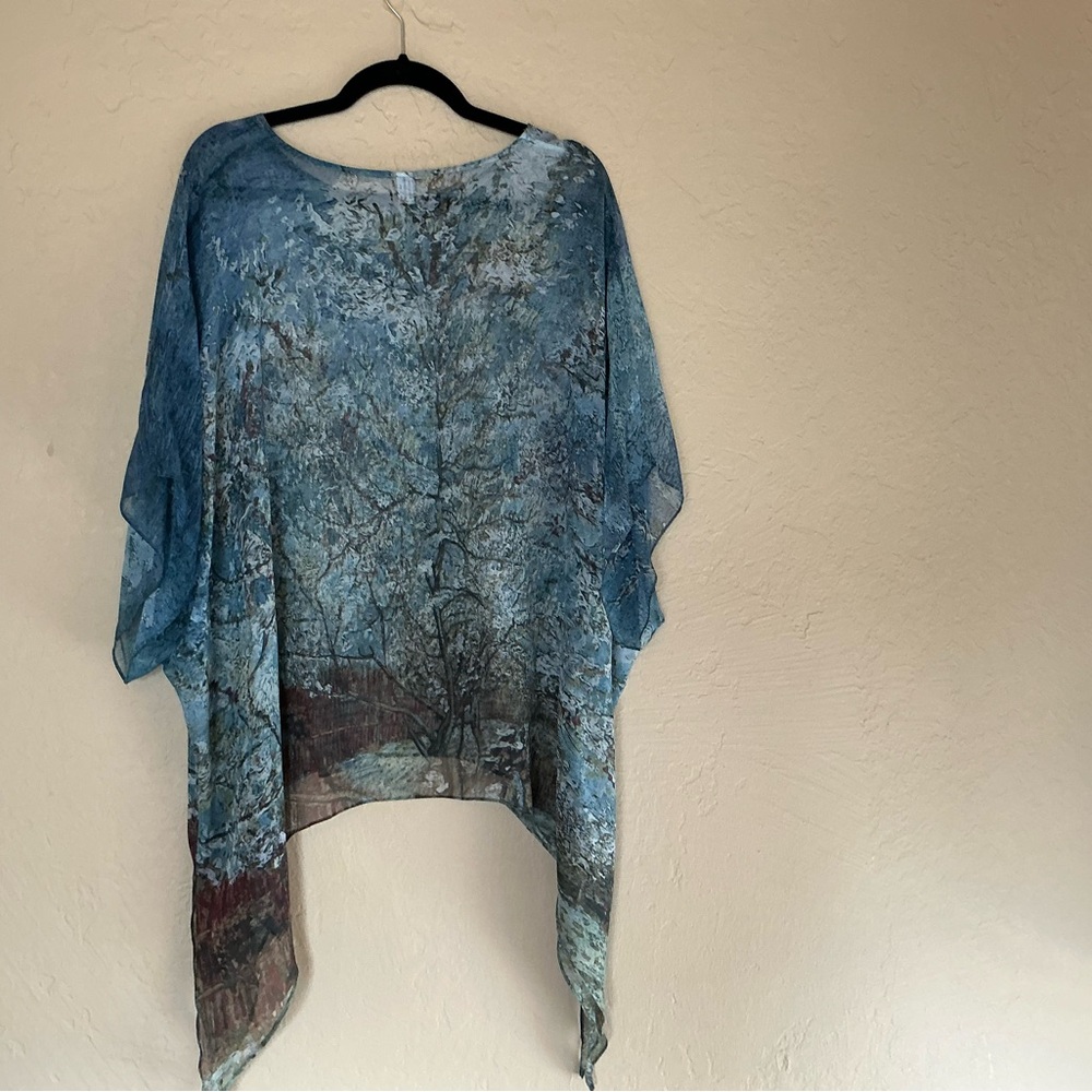 Flowy blue artistic silk poncho top
